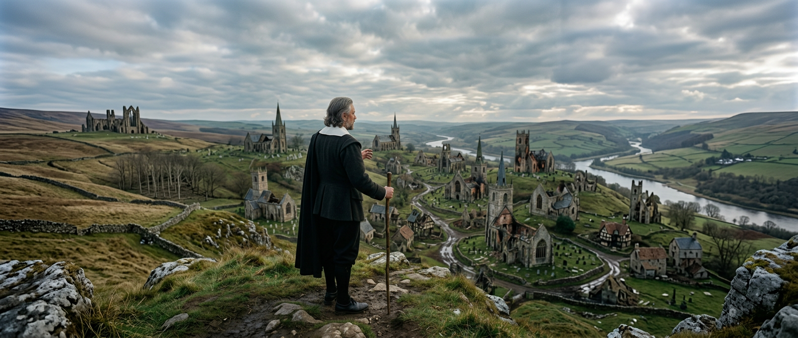 Man in 17th-century attire with walking stick overlooking a ruined village with damaged churches and houses